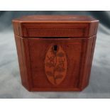 A George III marquetry inlaid harewood tea caddy, of canted rectangular form,