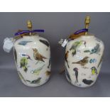 A pair of modern Decalcomania glass table lamps, decorated with wild birds, 35cm high,