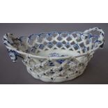 A Worcester blue and white two-handled oval pierced basket, circa 1775,