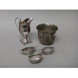 Silver, comprising; a George III helmet shaped cream jug, with engraved decoration,