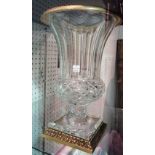 A large 20th century cut glass urn shaped vase, with gilt metal rim, 33.