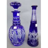 A Baccarat style blue flashed glass cut glass decanter and stopper, 28.