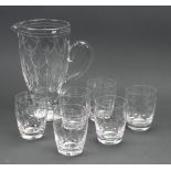 An Art Deco Stuart glass water jug and six tumblers, designed by Graham Sutherland, 1934,