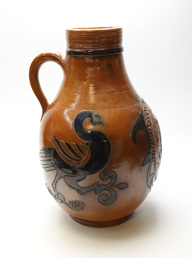 A large German brown salt glaze stoneware baluster jug, 20th century, in earlier style,