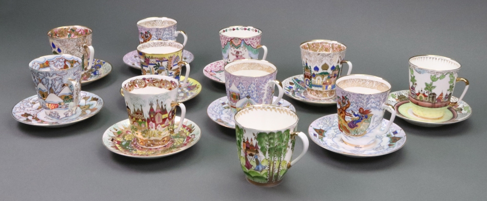 Eleven Lomonosov Russian porcelain coffee cups and ten matching saucers, late 20th century, - Image 3 of 15