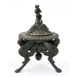 An Italian bronze inkwell, 19th century, of classical form, circular, lobed and fluted,