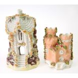 An English porcelain pastille burner, circa 1830, in the form of a salmon pink castle,