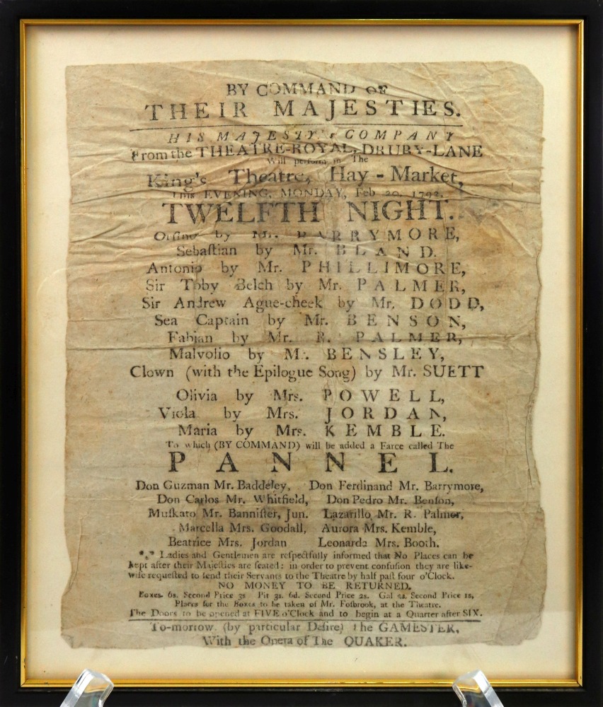 A playbill for Twelfth Night, performed on Monday Feb 20, 1792, in The King's Theatre, Hay-Market, - Image 2 of 3