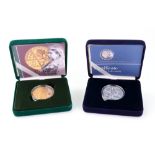Gold proof Victorian Anniversary crown five pounds, 1901-2001, and a silver proof example,