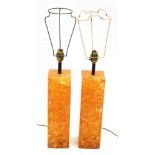 A pair of retro 1960's square section amber 'cracked ice' perspex table lamps, 46cm high.