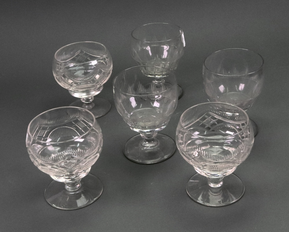 A set of three George III style glass rummers, late 19th century, the facet and split cut bowls,