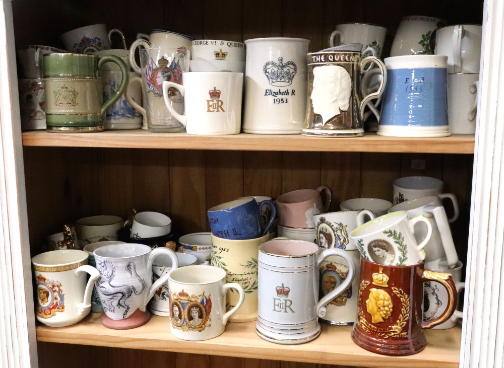 A collection of seventy two Edward VII - Elizabeth II Coronation mugs, beakers, cup and saucer,