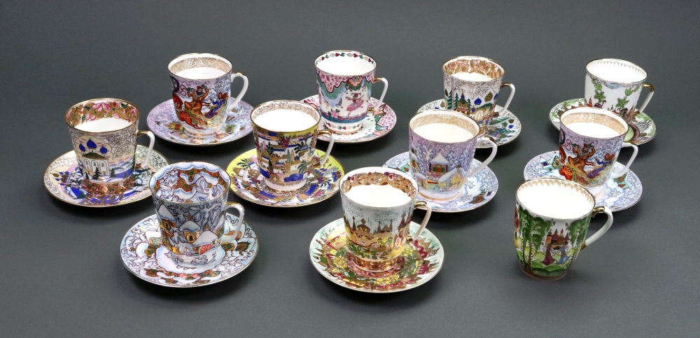 Eleven Lomonosov Russian porcelain coffee cups and ten matching saucers, late 20th century,