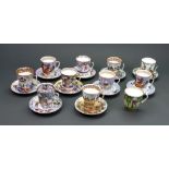 Eleven Lomonosov Russian porcelain coffee cups and ten matching saucers, late 20th century,