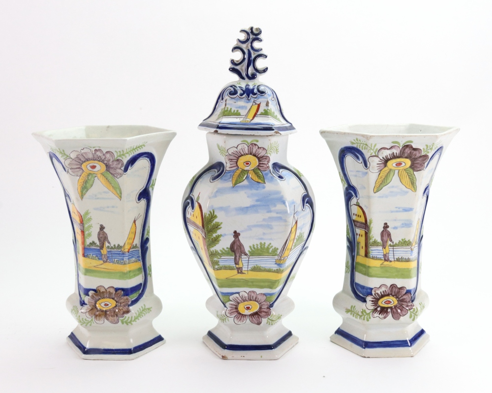 A Dutch Delft polychrome garniture, late 19th/20th century,