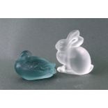 Lalique (R) France - a frosted glass figure of a rabbit, 7cm high and a blue glass figure of a duck,