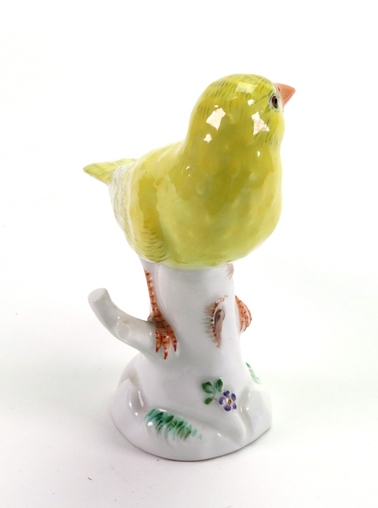 A Meissen model of a yellow bunting, 20th century, modelled perched on a tree stump, - Image 2 of 5