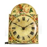 A Victorian wall clock, altered, with an arched floral painted wooden dial,