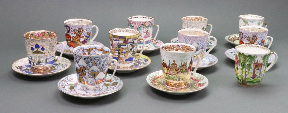 Eleven Lomonosov Russian porcelain coffee cups and ten matching saucers, late 20th century, - Image 2 of 15