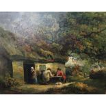 Manner of George Morland, Figures outside a tavern, oil on canvas, 70cm x 90cm.