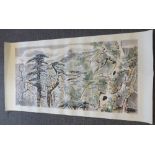 A Chinese hanging scroll picture, 20th century, printed with trees in a landscape, 67cm by 138cm.