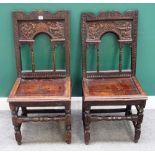 A pair of 17th century and later oak framed square back dining chairs, on block and turned supports,