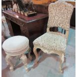A pair of early 20th century French grey painted bedroom chairs and a footstool, (3).