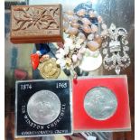 Costume jewellery and collectables, including; coins medals, magnifying glass, boxes and sundry,