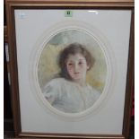 Albert Besnard (1849-1934), Head study of a girl, watercolour, oval, signed, 33cm x 26cm.