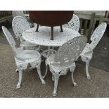 A 20th century white painted metal garden table and six chairs, 91cm diameter, (7).