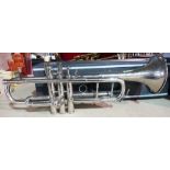 Musical instruments, comprising; an unmarked silvered trumpet,