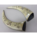 A pair of horn wall pockets, each inlaid in mother-of-pearl with flowering branches and insects,