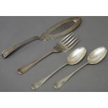 Silver, comprising; a pair of Victorian double struck, bead edged, Old English pattern fish servers,