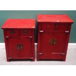 An early 20th century Chinese scarlet lacquered side cabinet, with pair of drawers over cupboard,