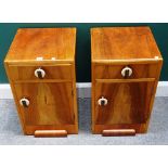A pair of mid-20th century walnut and beech bedside tables, each with single drawer and cupboard,