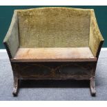 A 19th century polychrome painted hump back seat/bench, on downswept supports,