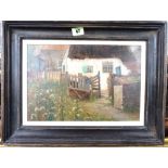 T** P** (early 20th century), The cottage gate, oil on board, signed with initials and dated 1915,