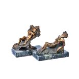 A pair of patinated bronze figures, late 20th century, of contemporary stylized form,