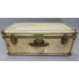 A French wooden pig skin bound suitcase by Cosmopolis, 20th century, with brass hardware stamped 'D.