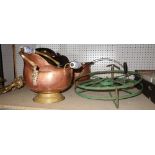 Collectables, including; three early 20th century brass coal buckets, a wrought ion standard lamp,