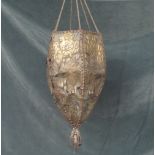 A mid-war French vellum and sheet brass pendant shade, with parrot and floral decoration, 60cm high.