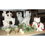 Ceramics including; a large pair of Staffordshire spaniels and other Staffordshire figures,