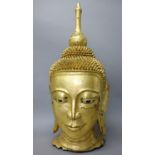 A large gilt composition head of Buddha, modelled with serene expression and with painted eyes,