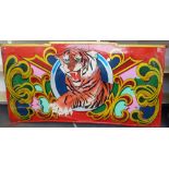 A polychrome painted wooden circus sign, depicting a tiger against a red ground,