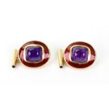 A pair of gold, amethyst and red enamel