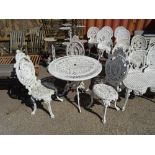 Garden furniture, comprising; a 20th century white painted metal circular table and three chairs,