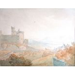 Follower of Joseph Faringdon, Landscape with castle, pen, ink and watercolour, 20cm x 26cm.