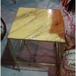 A pair of 20th century brass and faux marble side tables, 46cm wide x 57cm high.