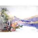 Charles Rowbotham (1856-1921), Italian lake scene with fishing smacks, watercolour,