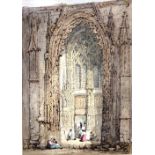 Follower of Samuel Prout, Figures in the porch of a cathedral, watercolour, unframed, 40cm x 29cm.